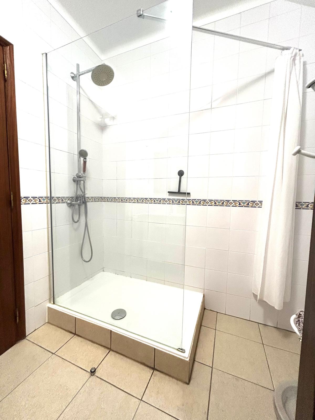 Private bathroom walk-in glass shower with rainfall showerhead and Portuguese tile border