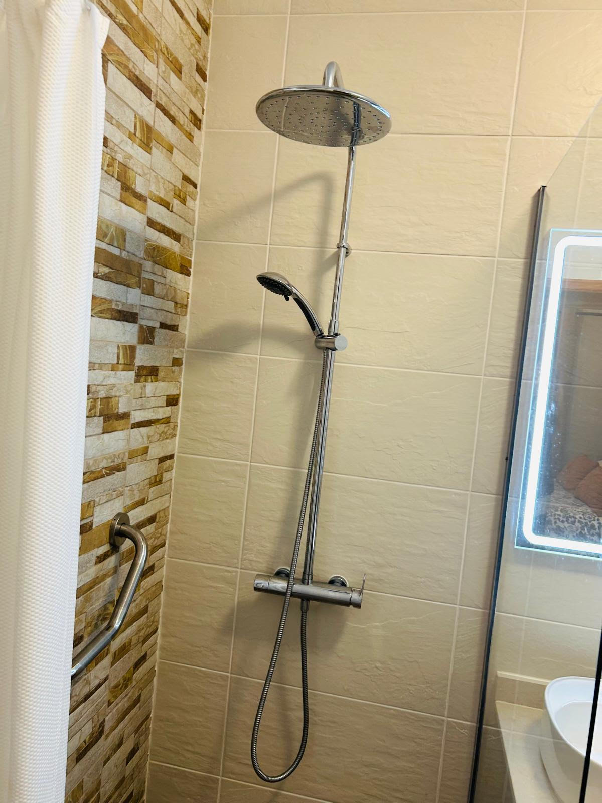 Roll-in shower in the Sun-Kissed Suite with grab bar and handheld shower